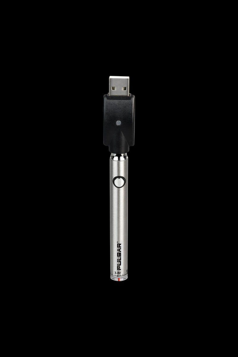 A sleek, silver Pulsar Slim Spinner VV Twist Style Battery is shown in a close-up, angled view against a dark background.