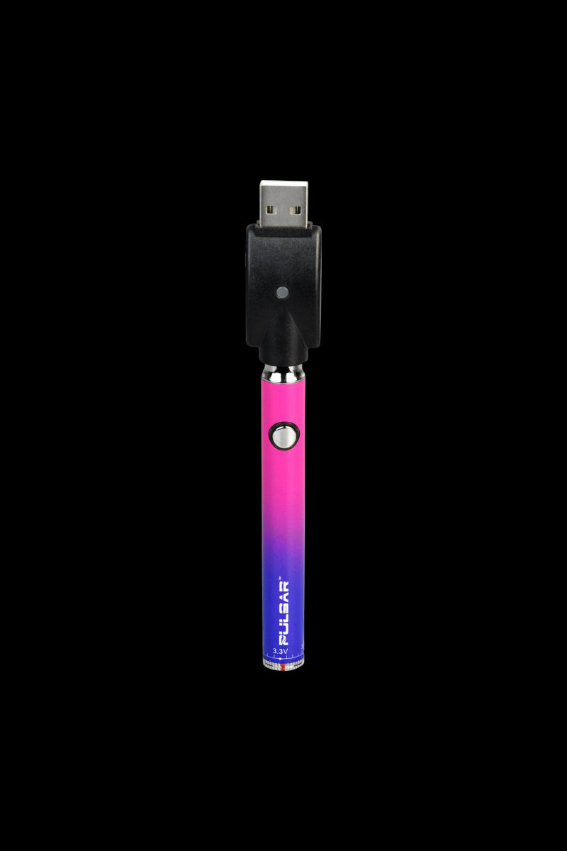 A close-up, angled view of the Pulsar Slim Spinner VV Twist Style Battery, featuring a metallic finish and minimalist design.