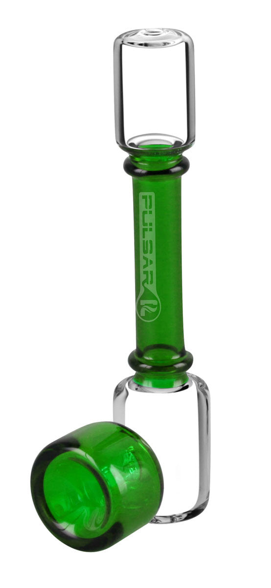 A side view of the Pulsar Modern Steamroller Pipe, showcasing its green glass construction and simple, cylindrical shape.
