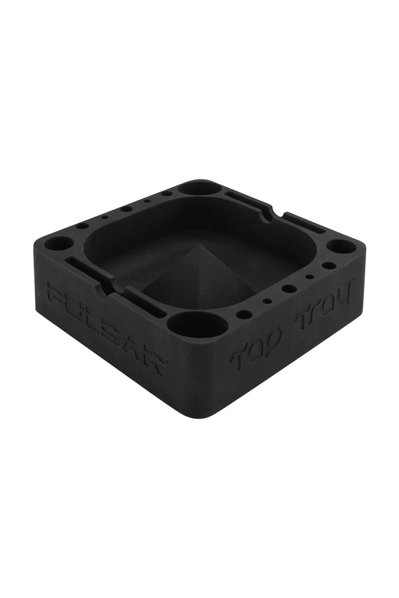 Angled top-down view of a matte black Pulsar Tap Tray with a square basin, pyramid center, corner wells, and embossed sides.