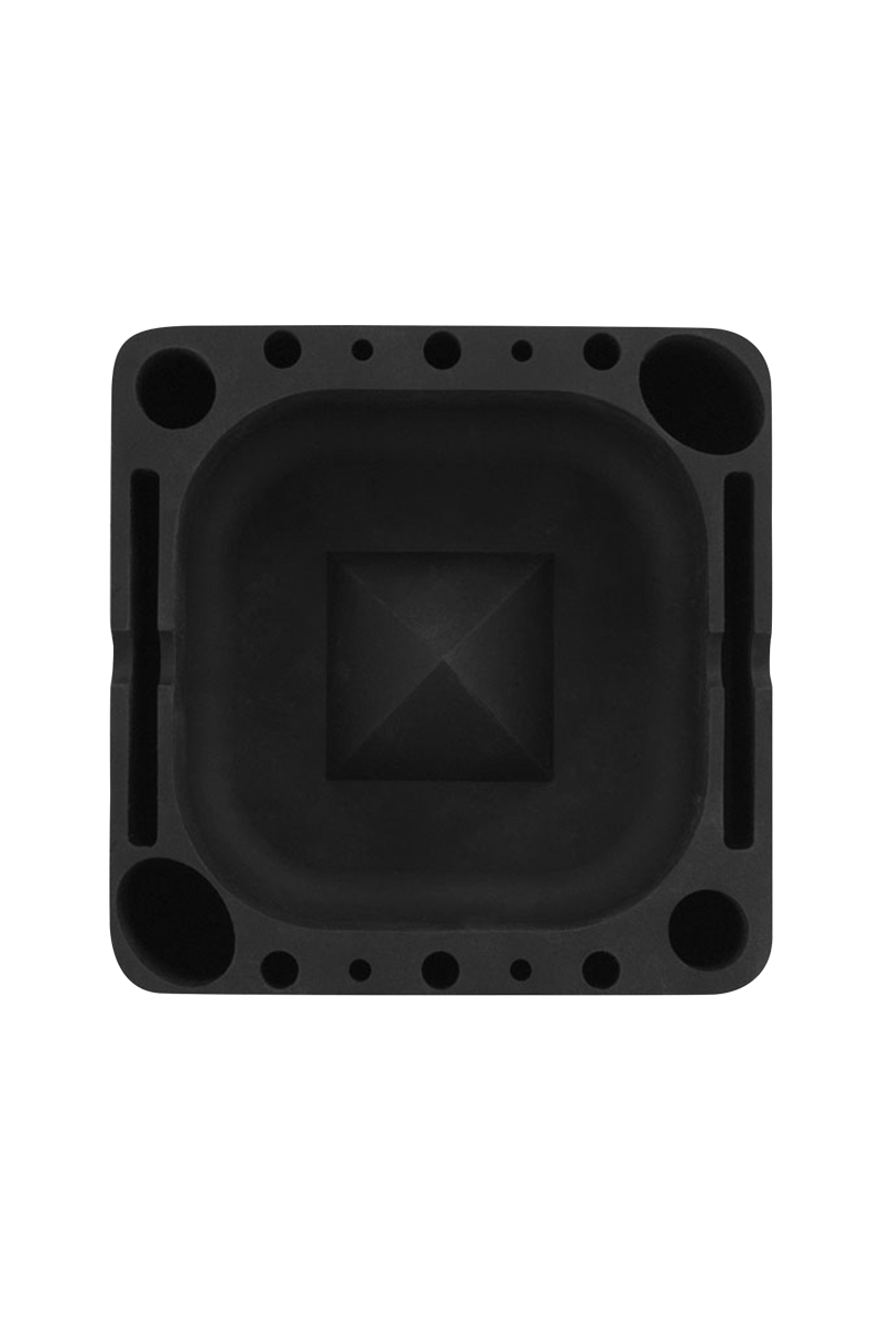 Top-down view of a square black Pulsar Tap Tray with a recessed center bowl, corner wells and multiple small tool holes.