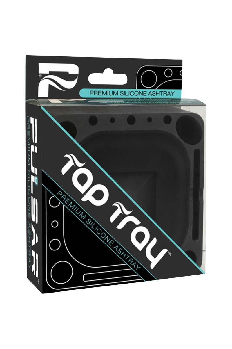 Front-facing boxed view of the Pulsar Tap Tray showing the black silicone tray peeking through diagonal branded packaging.