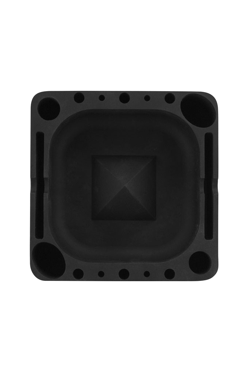 Top-down view of the black Pulsar Tap Tray showing its square recessed center and multiple round and slot compartments.