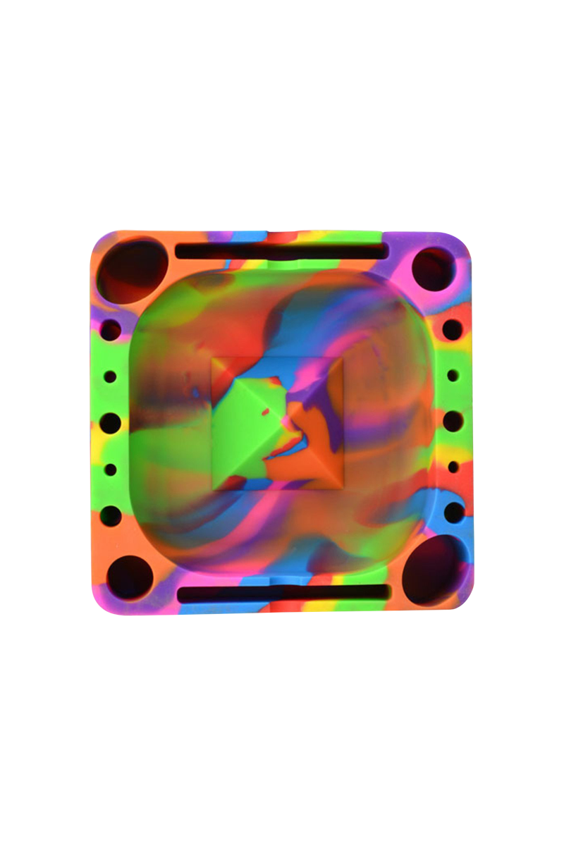 Top-down view of a rainbow-swirl Pulsar Tap Tray with a square recessed center and rounded corner wells.