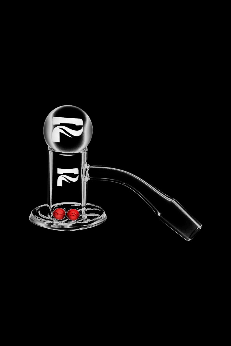 Angled side view of the Pulsar Tornado Banger & Ball Set on a black background showing a clear 90-degree banger with two small red balls at its base and a logo on the cap.