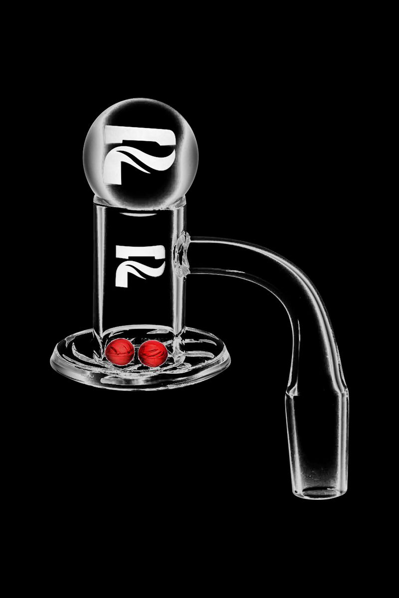 45-degree angled close-up of the clear glass Pulsar Tornado Banger & Ball Set showing a spherical top logo, tubular joint, and two small red balls on the dish