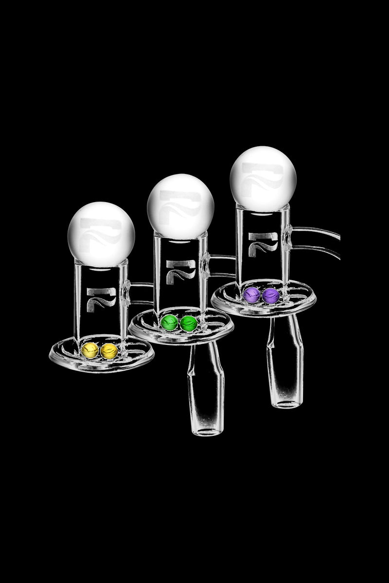 Three-quarter view of three Pulsar Tornado Banger & Ball Set pieces in a row against a black background, each with colored balls.