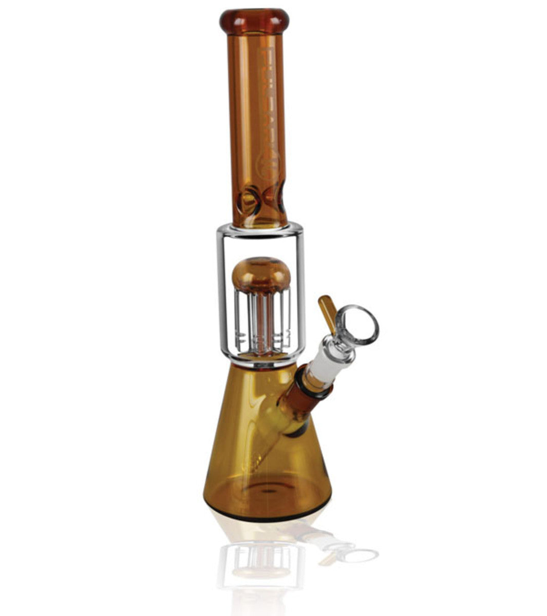 Front view of the Pulsar "Tree Hitter" Beaker Bong with Tree Perc, showcasing its clear glass construction and intricate perc design.