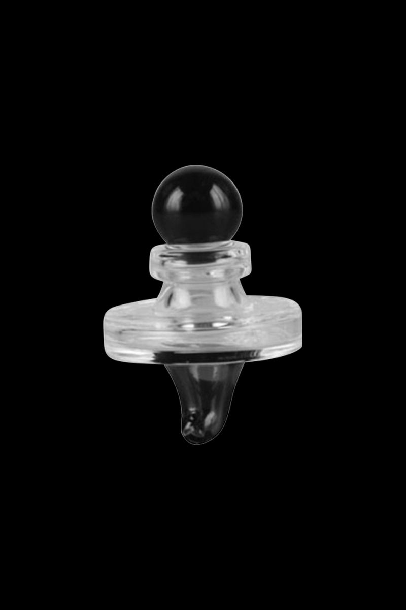 A close-up, angled view of the Pulsar UFO Directional Carb Cap, showing its clear glass construction and rounded form.