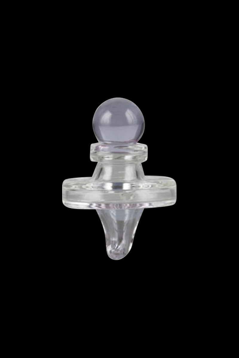 A close-up, angled view of the Pulsar UFO Directional Carb Cap, showcasing its transparent, rounded design.