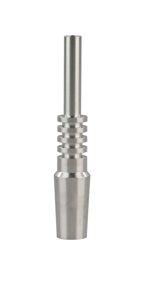 Vertical studio shot of a brushed metal Pulsar Vapor Vessel Titanium Tip - 14.5mm Male centered on white background, showing its grooved midsection and cylindrical stem.
