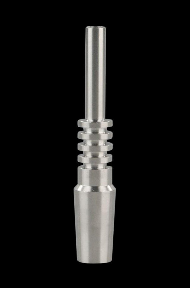 Center-frontal shot of the metallic Pulsar Vapor Vessel Titanium Tip - 14.5mm Male against a black background, showing its ribbed midsection and polished finish.