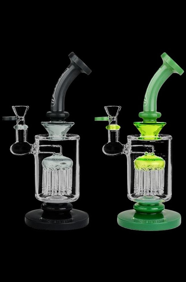 Pair of front-facing Pulsar Tree Perc Bong - Baby Yoda rigs on a black background, one black-accented and one bright green-accented with visible tree percs.
