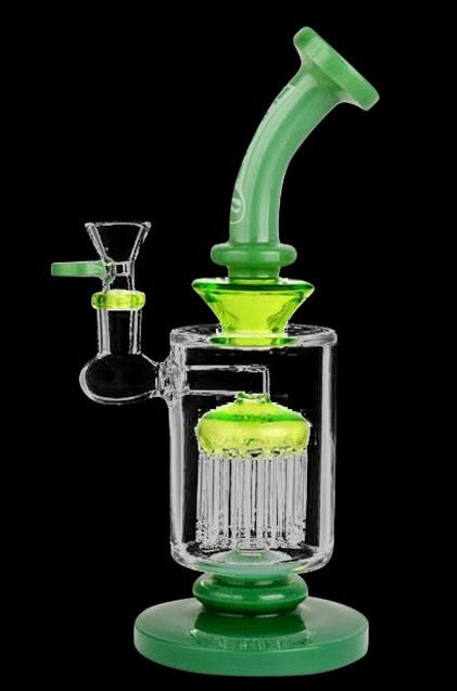 Angled front view of the Pulsar Tree Perc Bong - Baby Yoda showing a clear cylindrical body with neon green mouthpiece, percolator and base against a black background