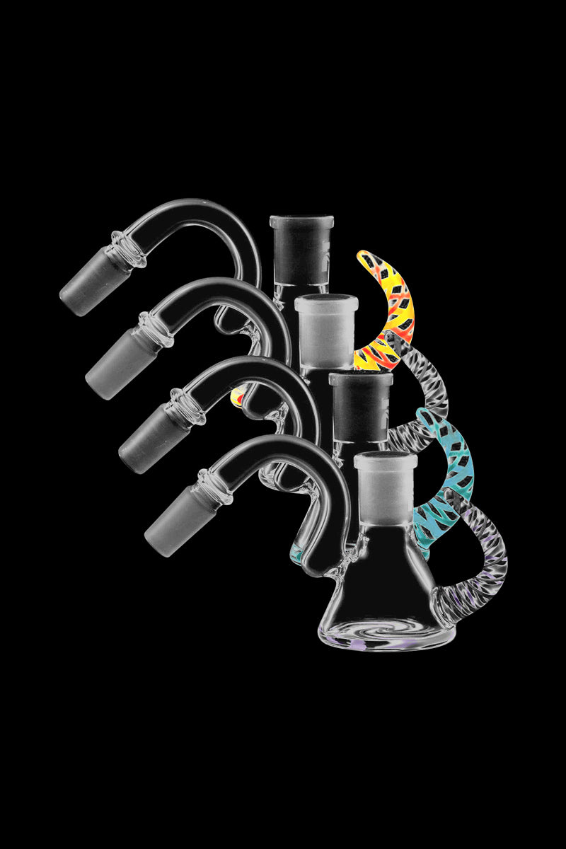 Diagonal arrangement of four Pulsar Worked Ash Catcher 45 Degree glass pieces on a black background, showing clear joints and colorful twisted accents.
