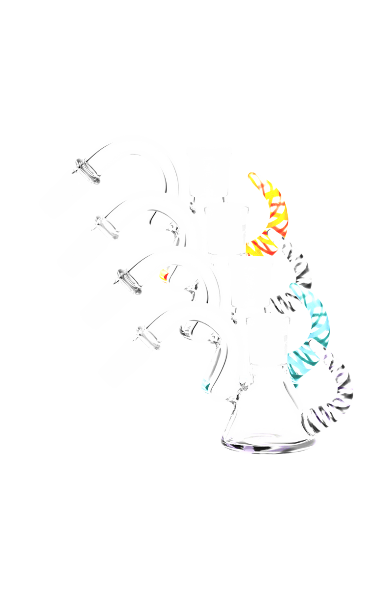 Angled front view of the Pulsar Worked Ash Catcher 45 Degree with a clear glass body and colorful twisted glass accents.
