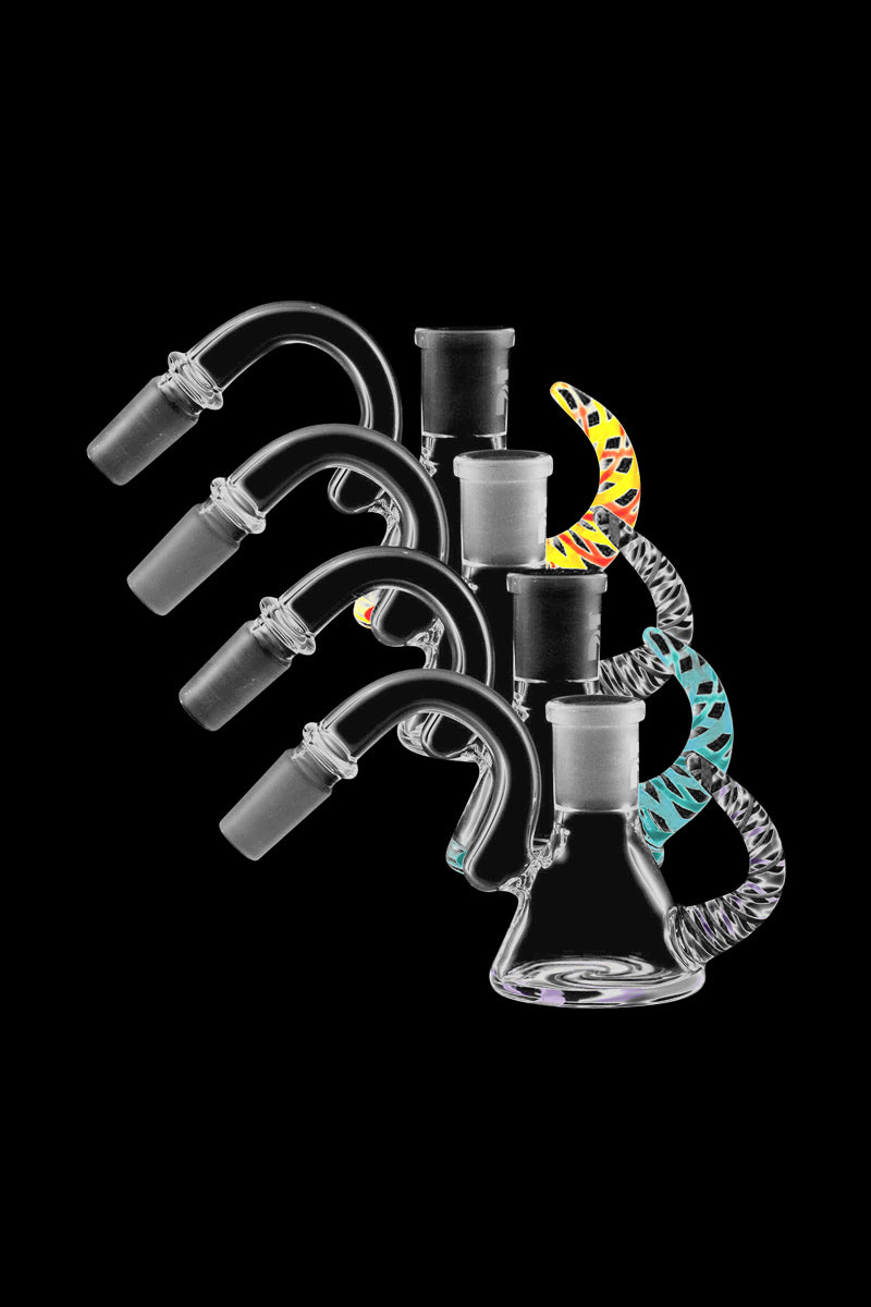Angled front view of multiple Pulsar Worked Ash Catcher 45 Degree pieces lined diagonally against a black background, each with clear glass joints and colorful swirled accents.