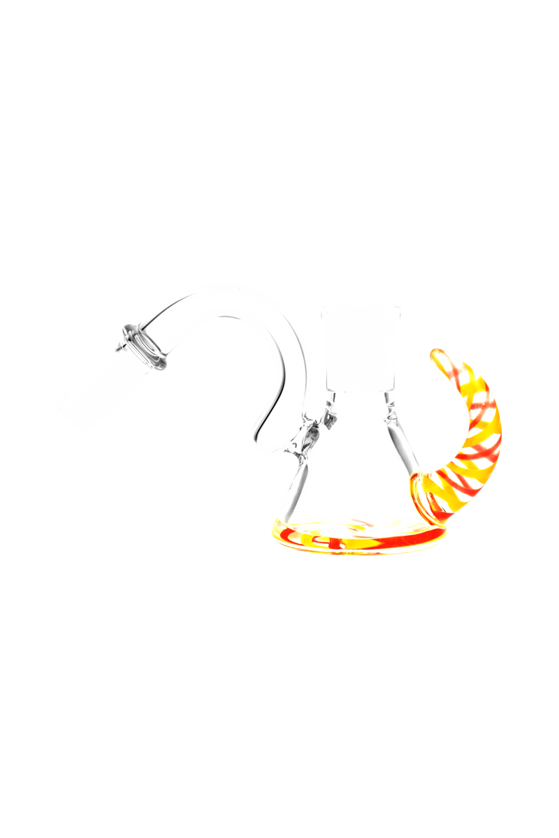 Side view of a clear glass Pulsar Worked Ash Catcher 45 Degree with an orange-striped handle and matching orange rim.