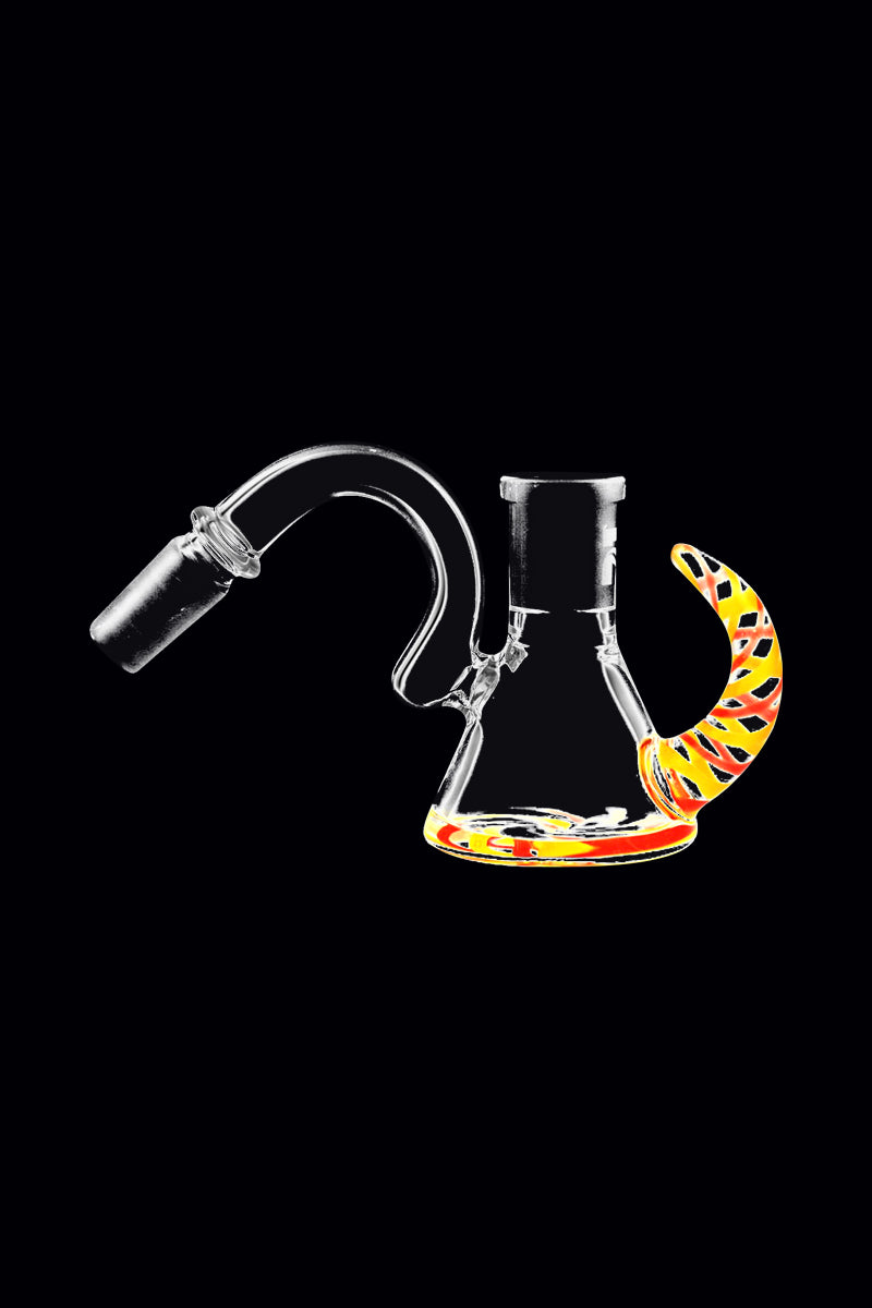 Side view of the Pulsar Worked Ash Catcher 45 Degree on a black background showing clear glass construction and a curved, colorful orange-yellow handle.