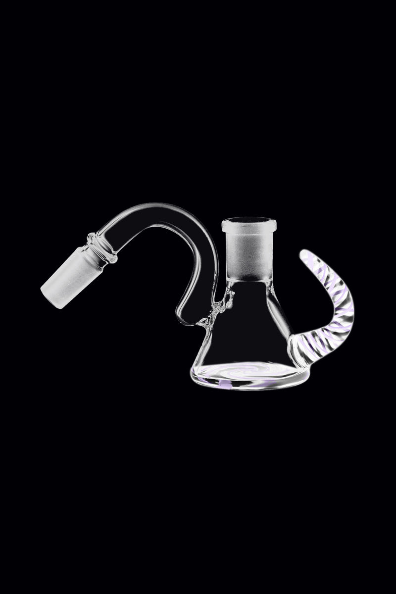 Centered front view of the Pulsar Worked Ash Catcher 45 Degree on a black background, showing its clear glass cone base, curved 45° joint, and twisted handle.
