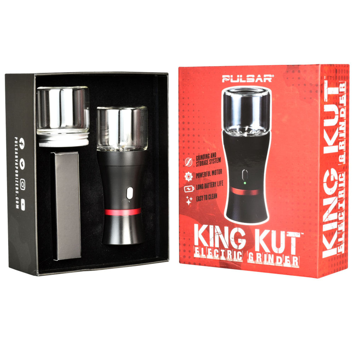 Front view of the Pulsar King Kut Electric Grinder with a silver finish, displaying its cylindrical shape and branded packaging.
