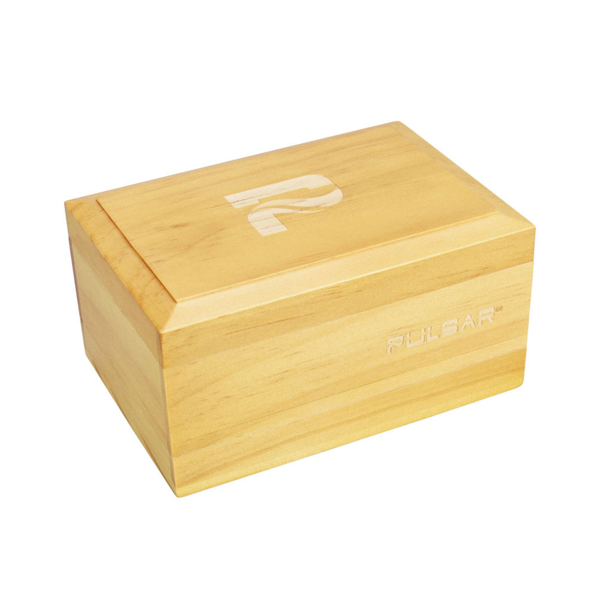 Angled three-quarter view of a light wood Pulsar Sifter Box with Rolling Tray showing its smooth lid with a laser-etched "P" logo and branded side engraving.