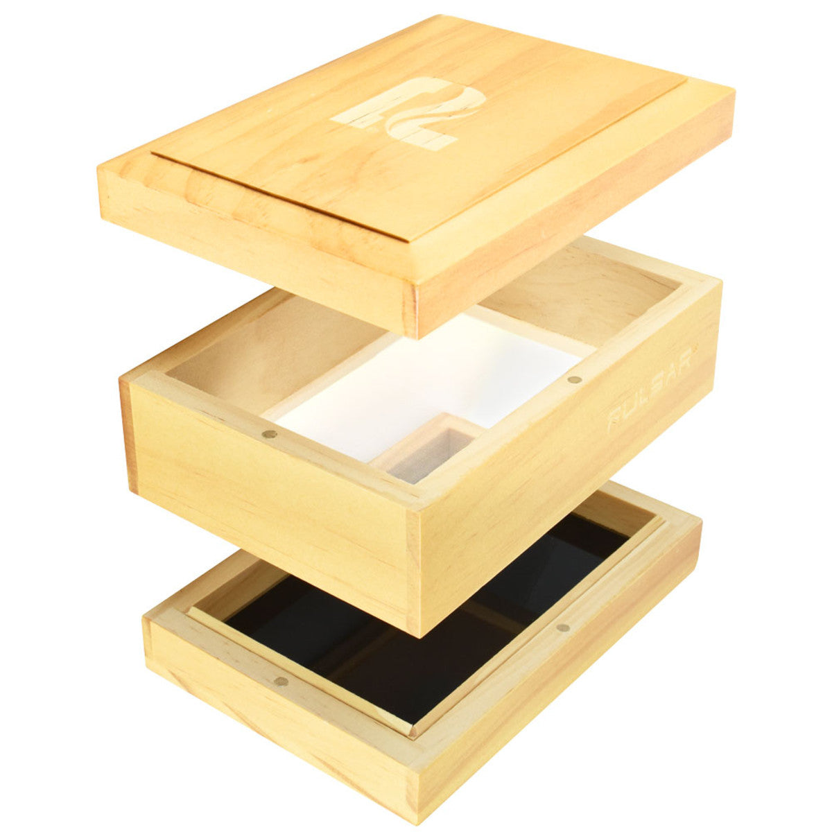 Angled top-down view of the wooden Pulsar Sifter Box with Rolling Tray in three stacked sections, showing the lid, white sifter tray, and black rolling tray.