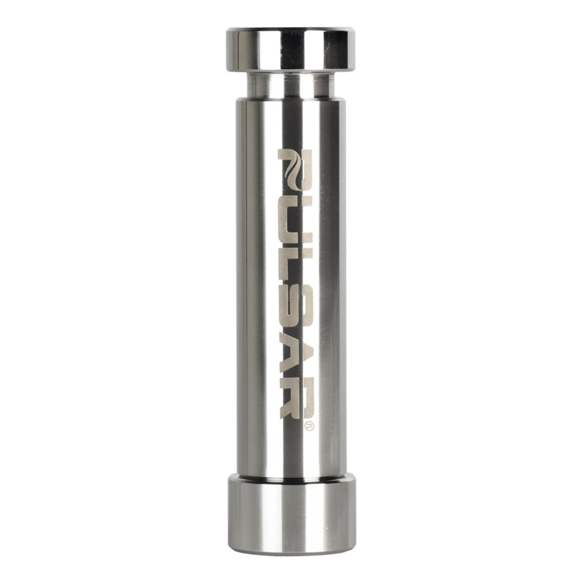 Centered front view of the stainless steel Pulsar Steel Hammer Style Pollen Press standing upright on a white background.
