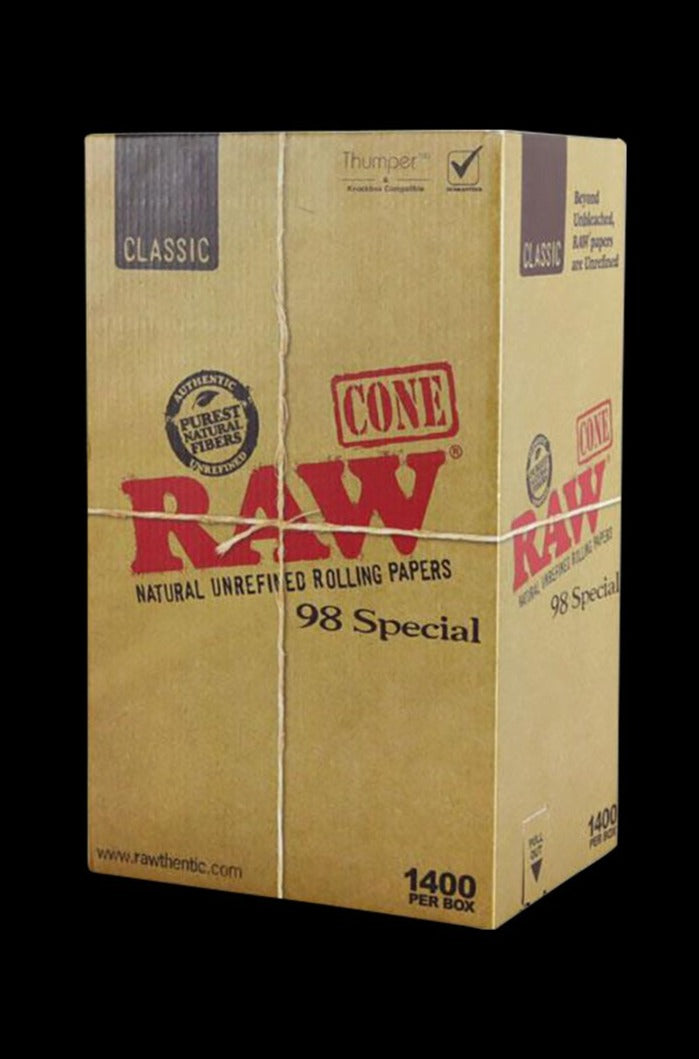 Front view of the RAW Classic 98 Special Cones bulk display box, showcasing branding and text on a cardboard background.