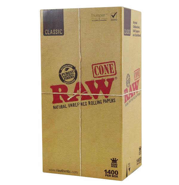 Front view of the RAW 4.25" Kingsize Classic Cones bulk box, displaying the brand logo and text on its cardboard surface.