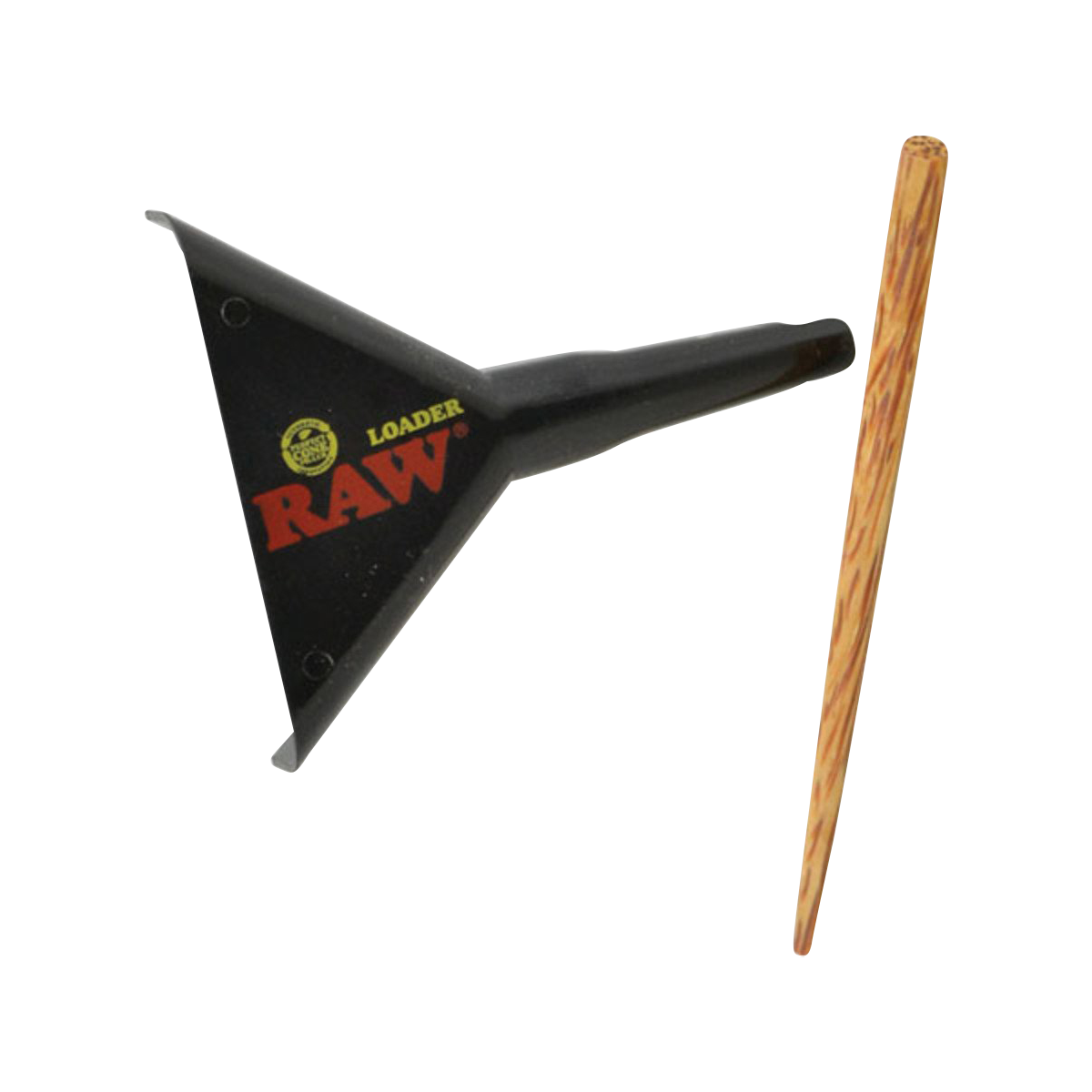 Angled top-down view of the black RAW Cone Loader for Lean & 1 1/4" Cones with its red RAW logo and a wooden packing stick beside it