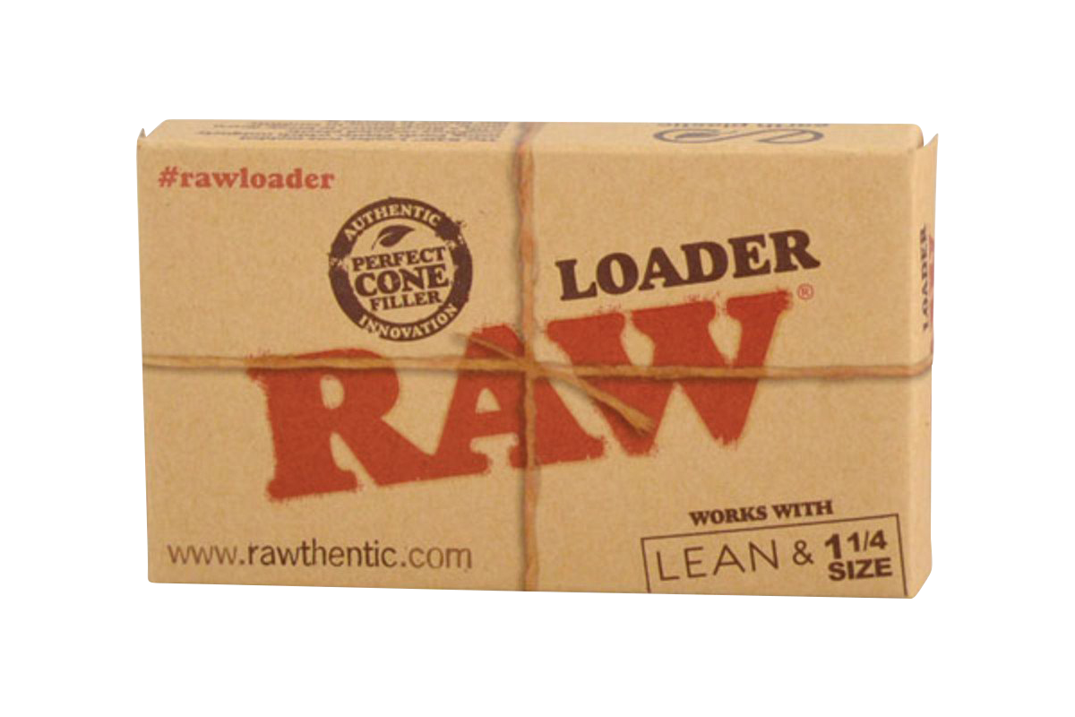 Front-facing shot of the RAW Cone Loader for Lean & 1 1/4" Cones cardboard box with twine tied around its center and bold red RAW lettering.