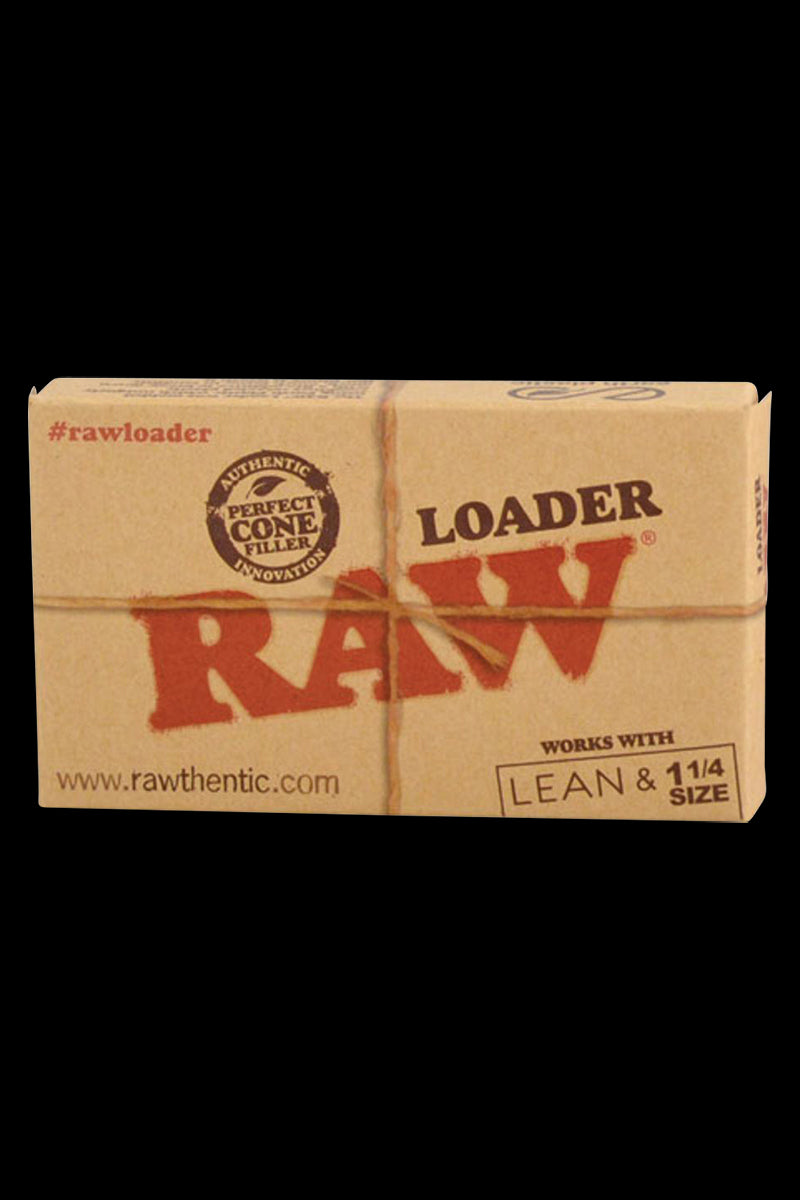 Front-facing shot of a twine-wrapped RAW Cone Loader for Lean & 1 1/4" Cones cardboard box on a black background