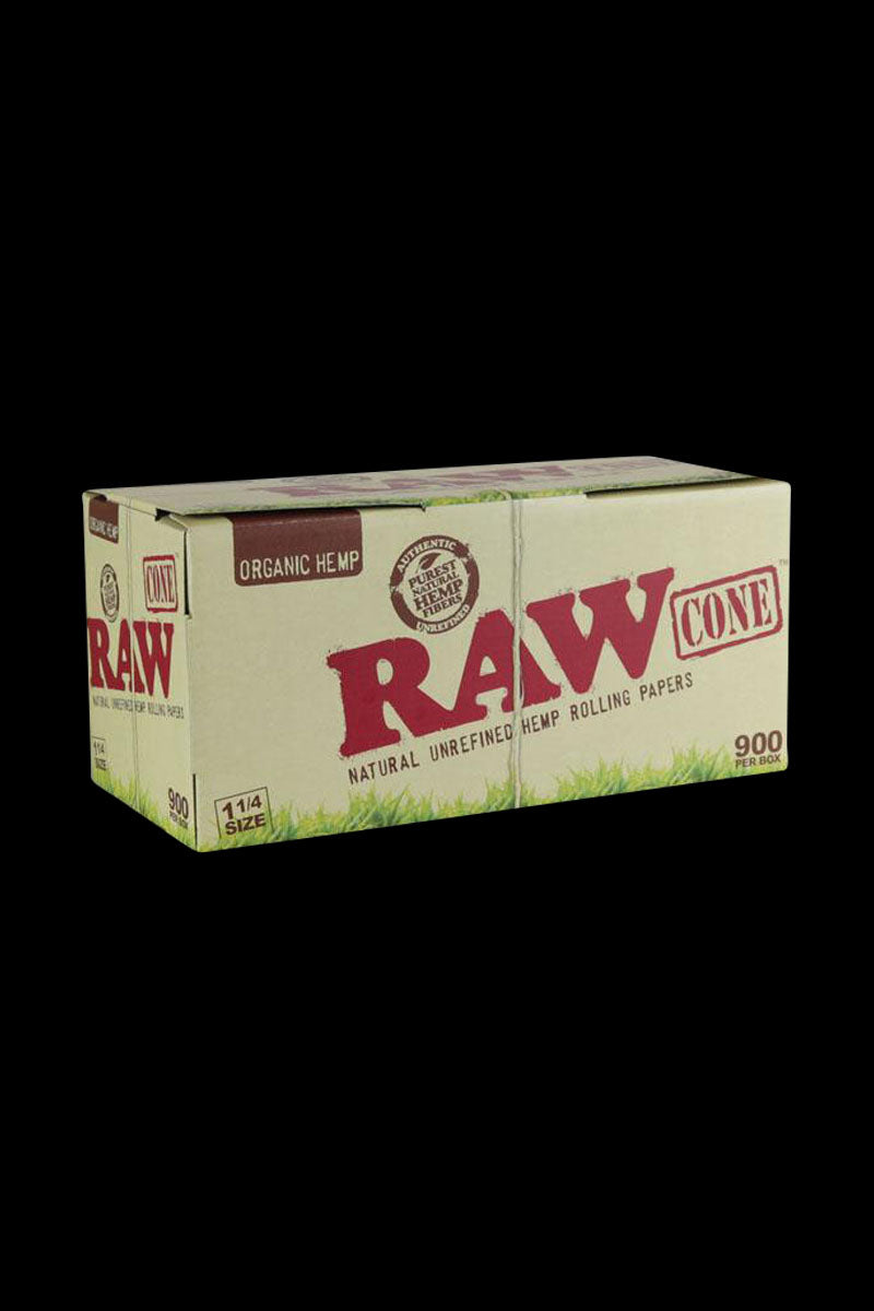 Front view of the RAW Organic 1 1/4" Hemp Cones bulk pack, displaying the product’s branding on a white cardboard box.