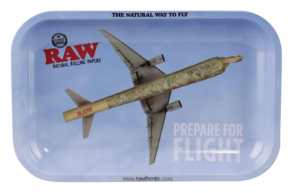 The RAW "Prepare for Flight" Rolling Tray displays a graphic of an airplane wing against a blue backdrop.