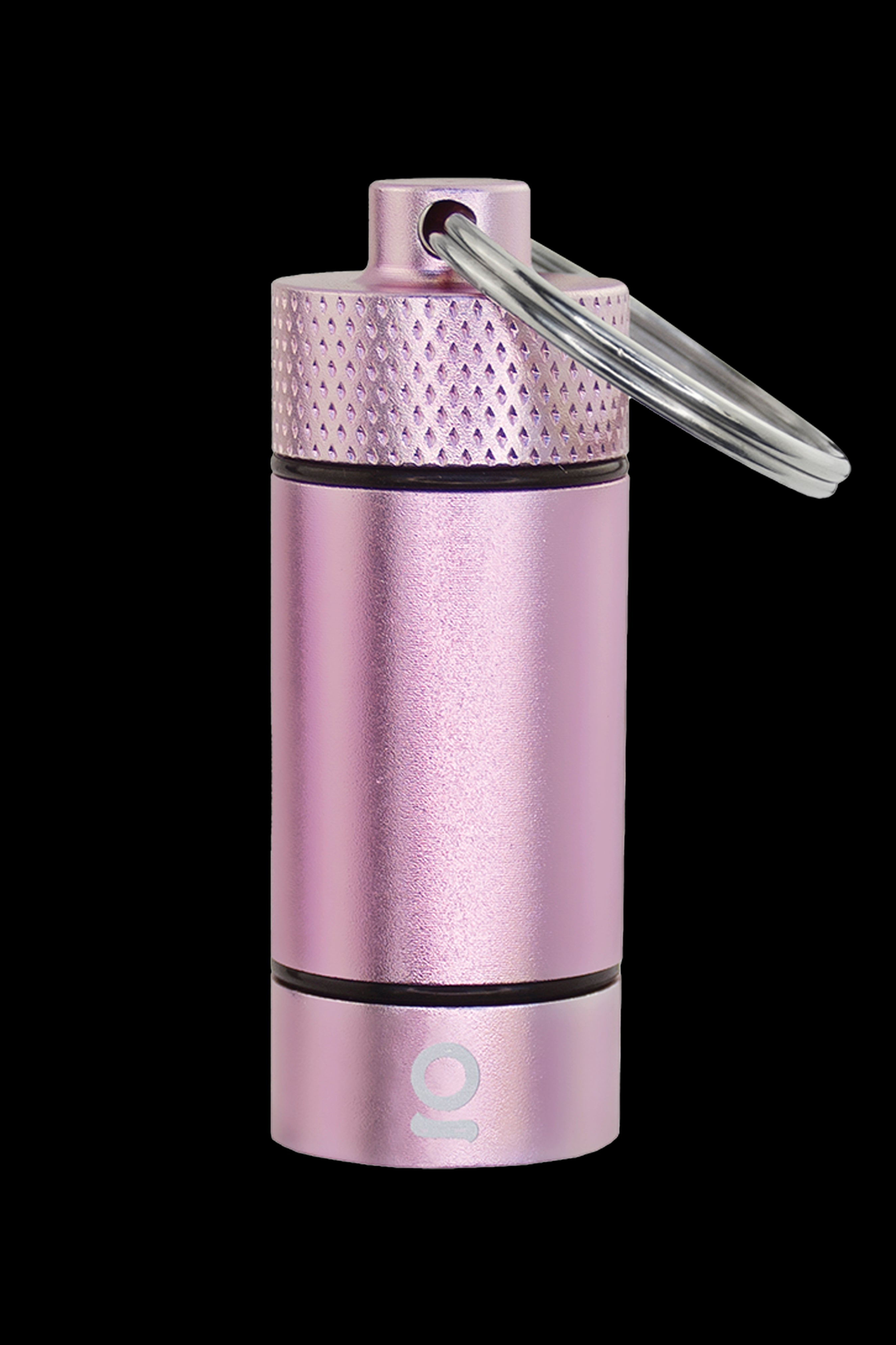 Pink metallic cannabis storage tube with a keychain loop, featuring a small logo at the base.