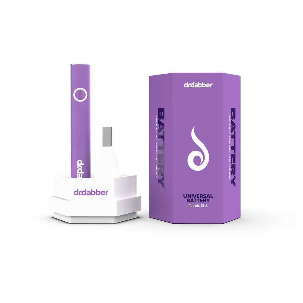 Front view of the Dr. Dabber Universal 510 Threaded Battery with a metallic silver finish against a neutral gray background.