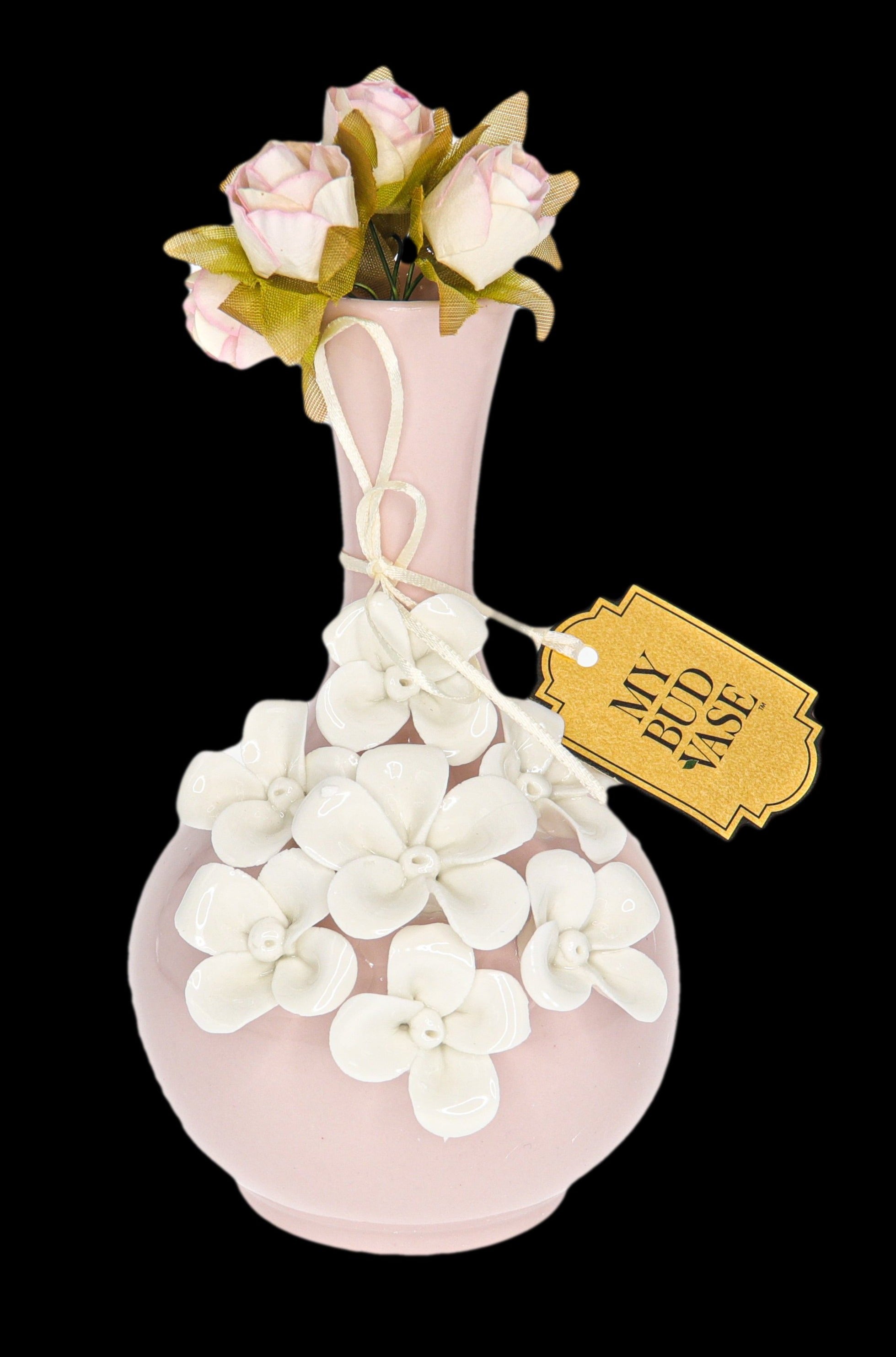 Pink glass cannabis water pipe decorated with sculpted flowers, tagged “My Bud Vase.”