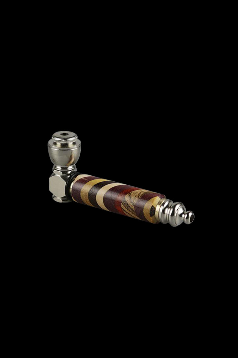A side view of the Rainbow Wood & Stainless Steel Hand Pipe, showing a brown and silver pipe with detailed wood grain visible.