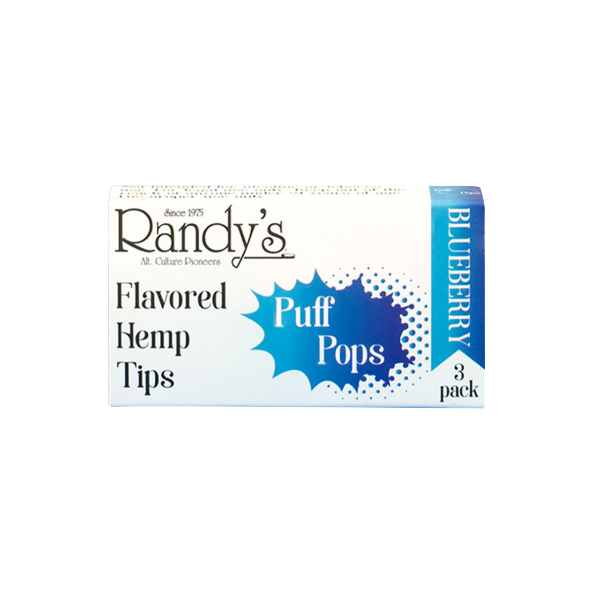 A close-up of Randy's Puff Pops Flavored Hemp Tips packaging, featuring a vibrant blueberry design.
