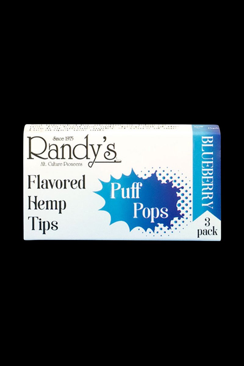 A close-up of Randy's Puff Pops Flavored Hemp Tips packaging, featuring a blue and white design with “Blueberry” text.