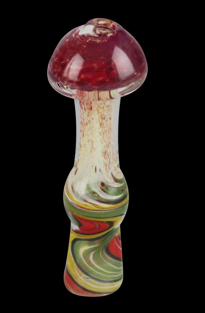 Front view of the Rasta Shroom Chillum Pipe, a colorful glass pipe resembling a mushroom with a detailed, patterned design.