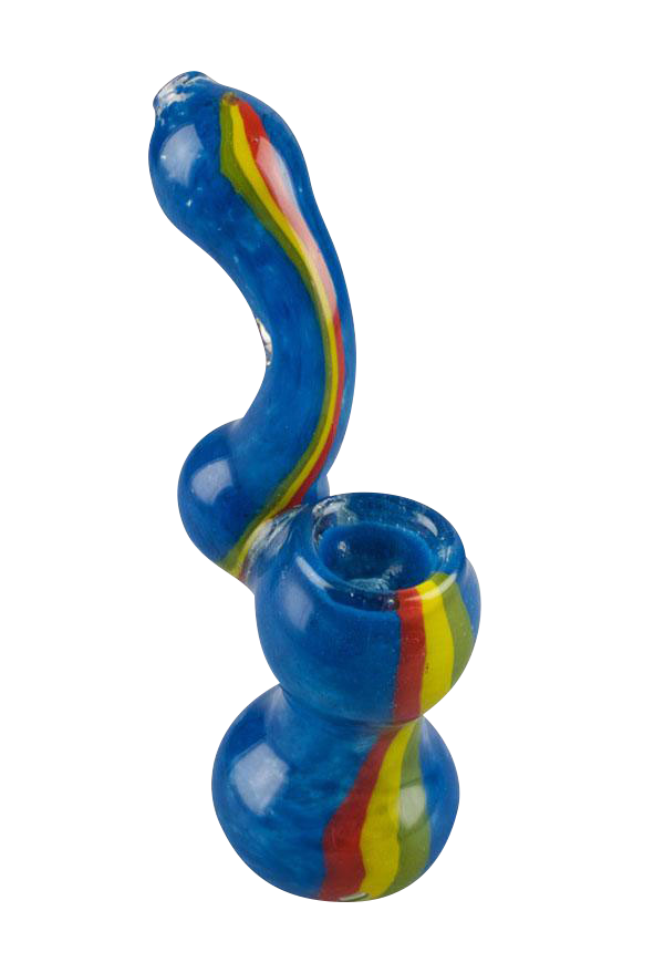 A front view of the Rasta Stripe Frit Glass Bubbler, showcasing its colorful striped glass and rounded shape.