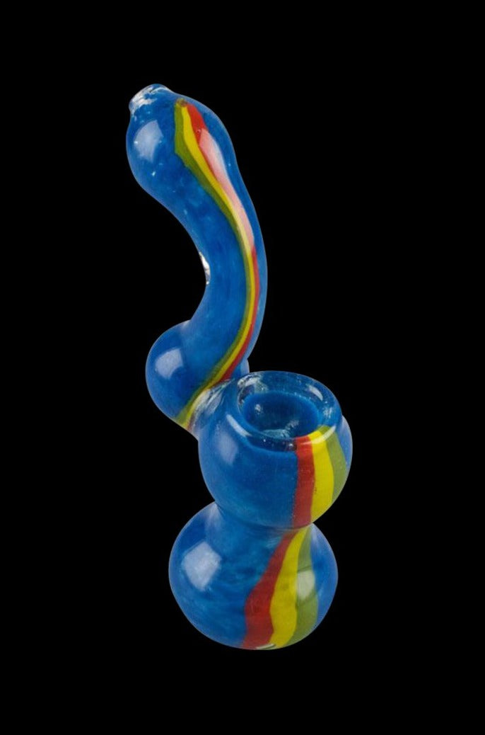 A front view of the Rasta Stripe Frit Glass Bubbler, showcasing its colorful striped design and smooth glass form.
