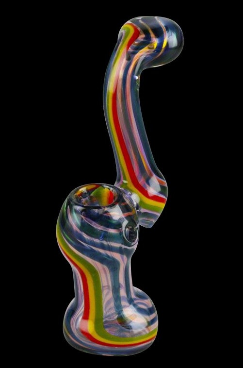 Front view of the Rasta Twist Fumed Bubbler, a colorful glass piece with a swirling, twisted pattern and a rounded base.