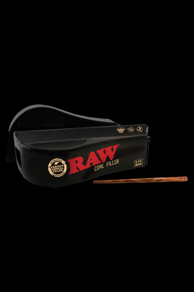 A close-up, angled view of the RAW 1 ¼” Pre-rolled Cone Filler Machine, showing its black plastic construction and simple design.