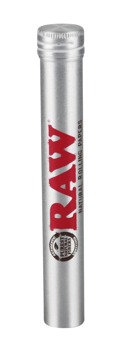 A silver, cylindrical RAW Kingsize Aluminum Cone Storage Tube is displayed against a stark white backdrop, viewed from a slight angle.