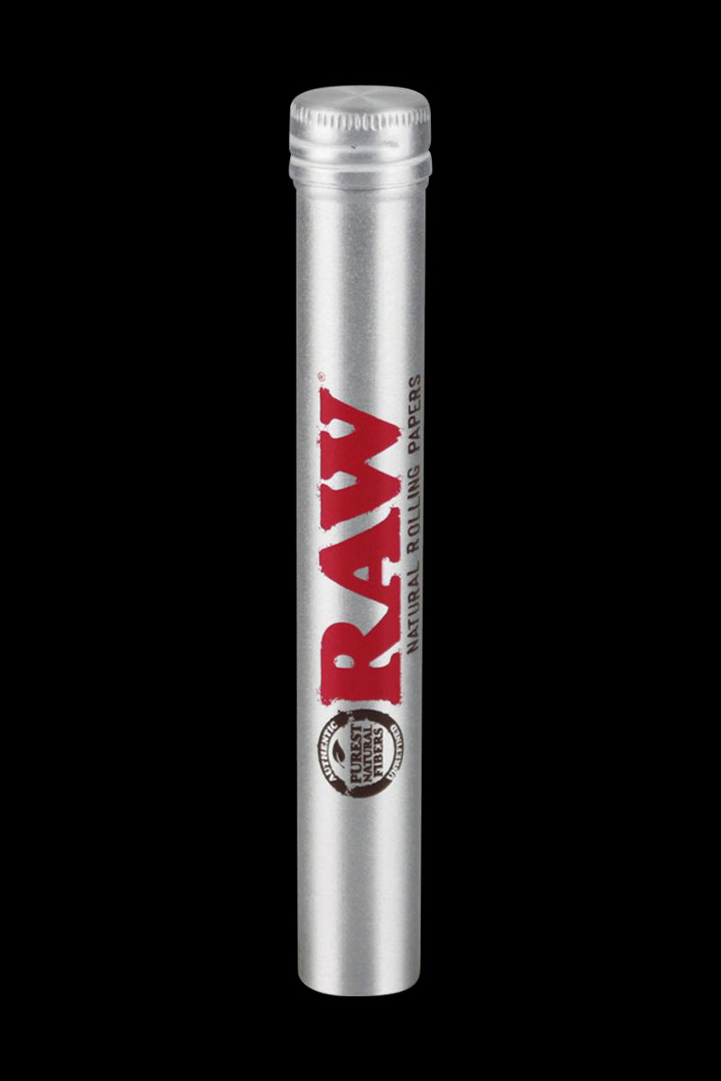 A centered, close-up shot of the RAW Kingsize Aluminum Cone Storage Tube, showcasing its metallic silver finish and cylindrical shape.