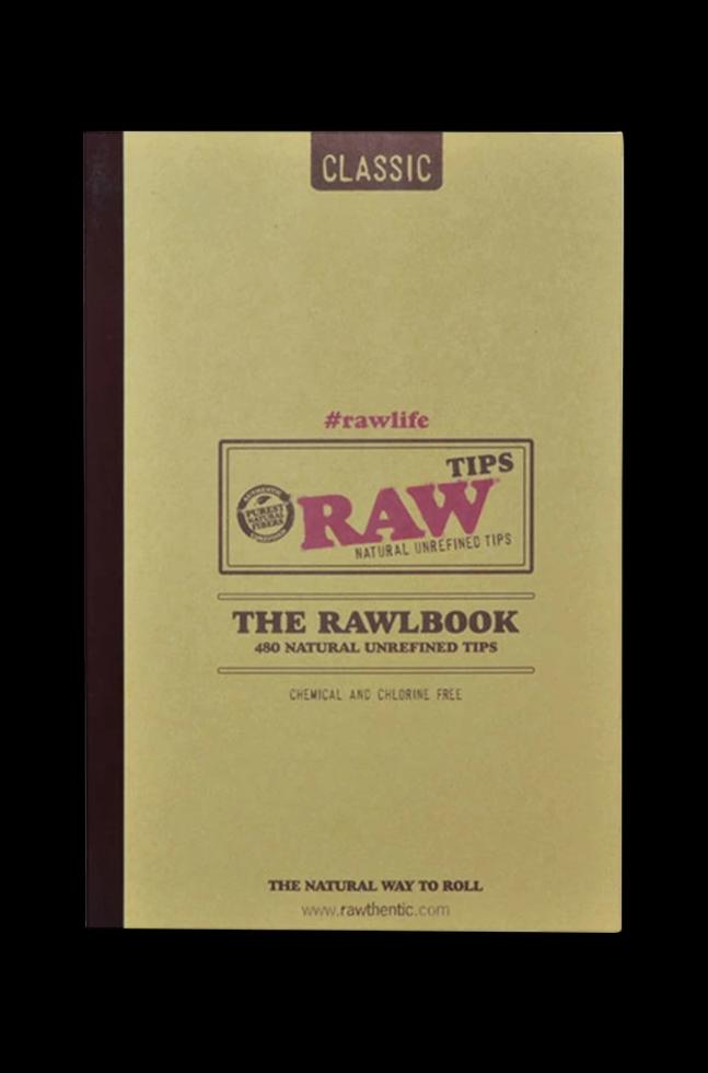 Front view of the RAW RawlBook - Book of 420 Rolling Filter Tips, showcasing a classic brown cover with gold lettering.