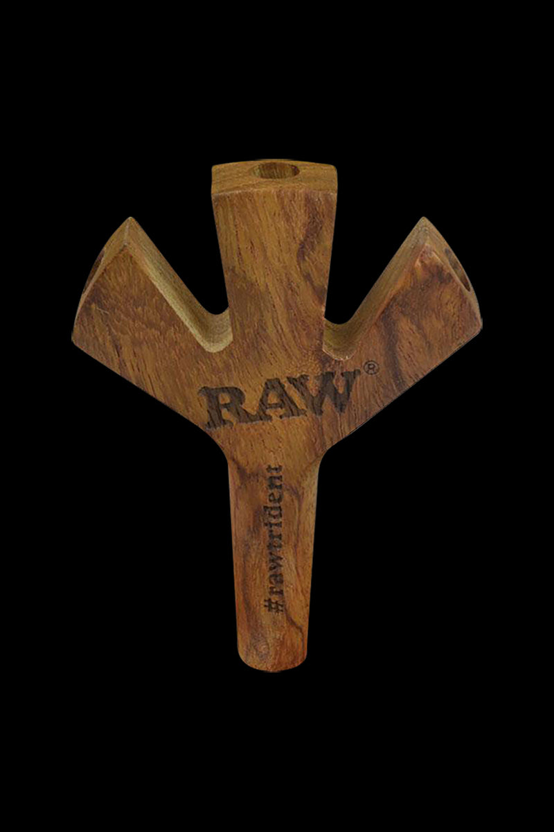 Front view of the RAW Trident Triple Barrel Cig Holder, a dark wooden three-pronged holder angled against a plain background.